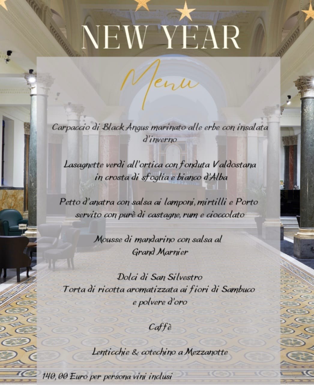 Menù del Capodanno The Building Hotel, edizione precedente