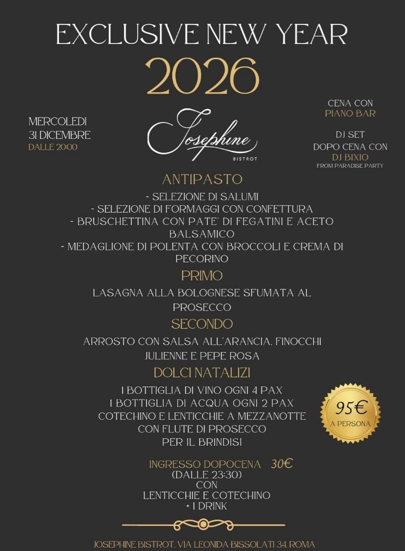 Menù del Capodanno Capodanno 2027 al Josephine Bistrot, via Bissolati, edizione precedente