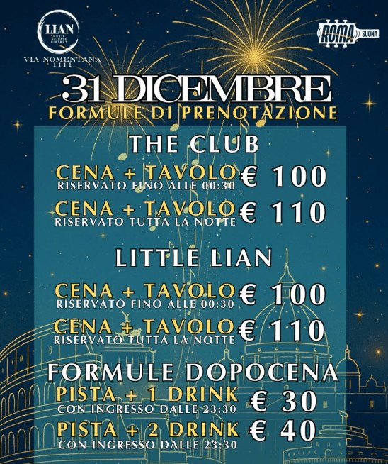 Formule del Capodanno al Capodanno Lian Club 2027, via Nomentana: cena e dopocena, edizione precedente