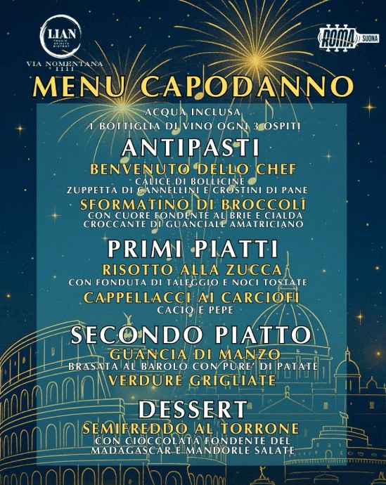 Menu del Capodanno al Capodanno Lian Club 2027, via Nomentana: cena e dopocena, edizione precedente