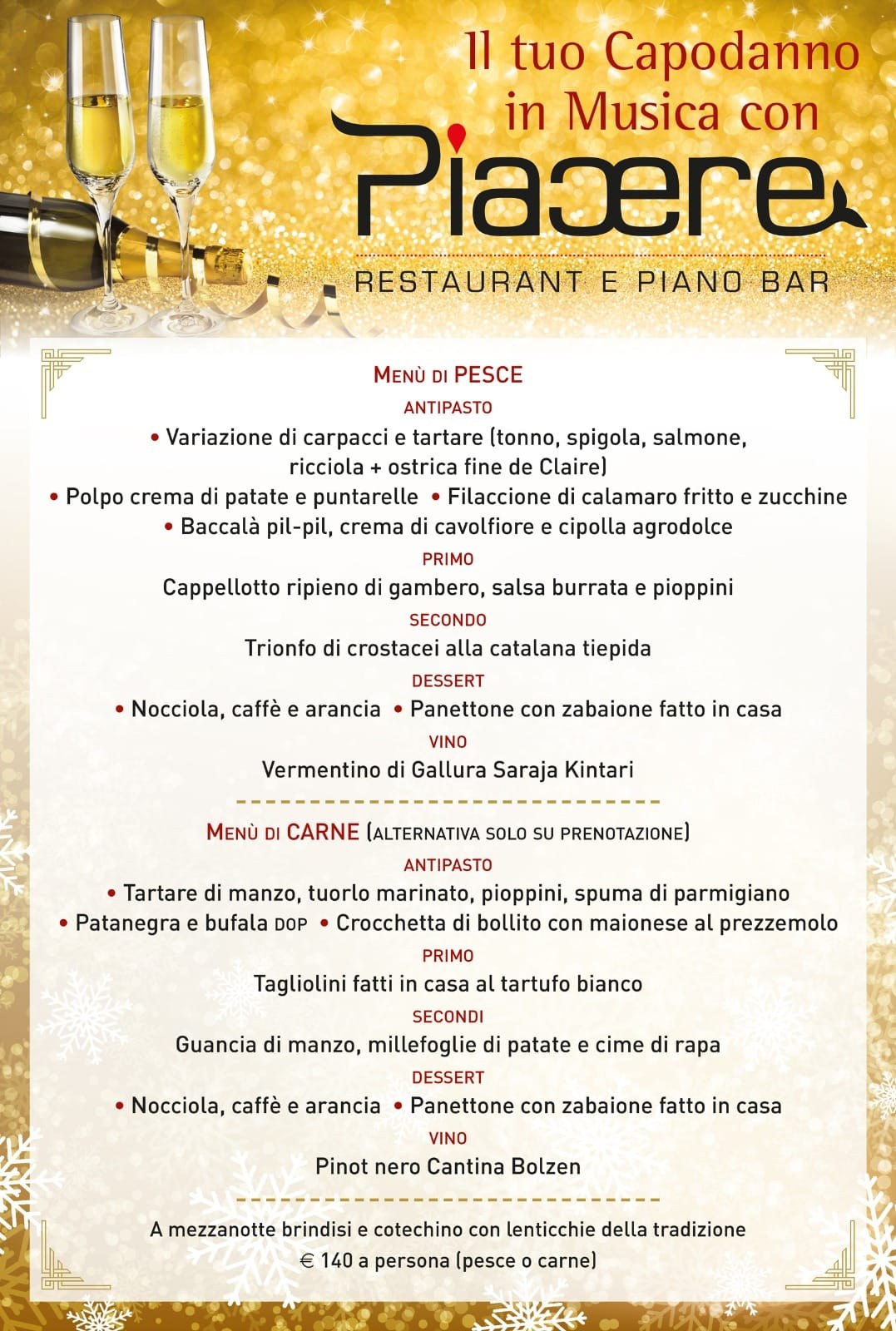 Menù del Capodanno Piacere Restaurant, edizione precedente