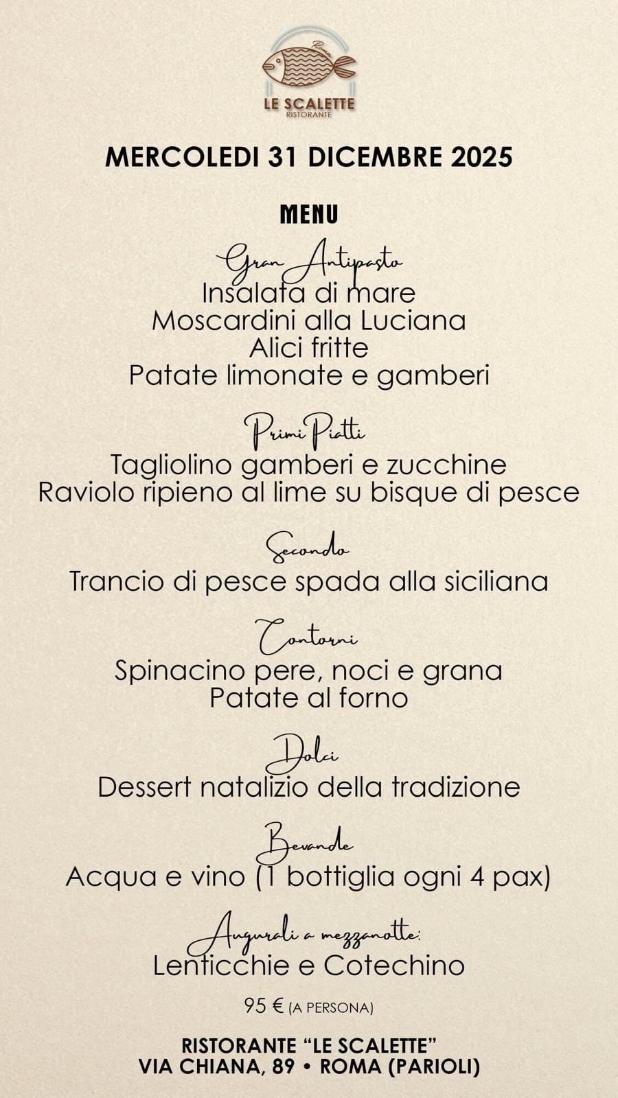 Menù del Capodanno Capodanno ai Parioli: Le Scalette, ristorante di pesce, edizione precedente