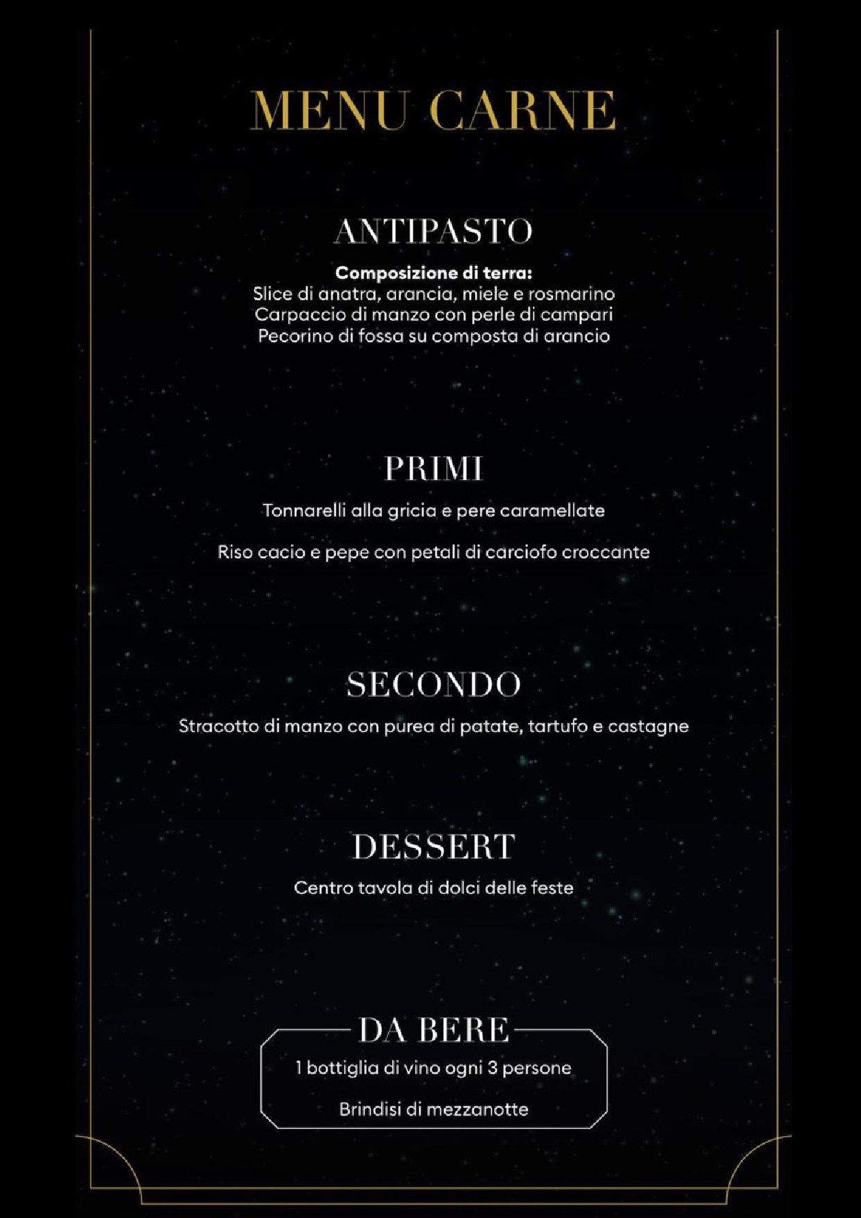 Menu carne del Capodanno al Capodanno Villa Cassia 2027, Roma Nord: cena di gala e dj set, edizione precedente