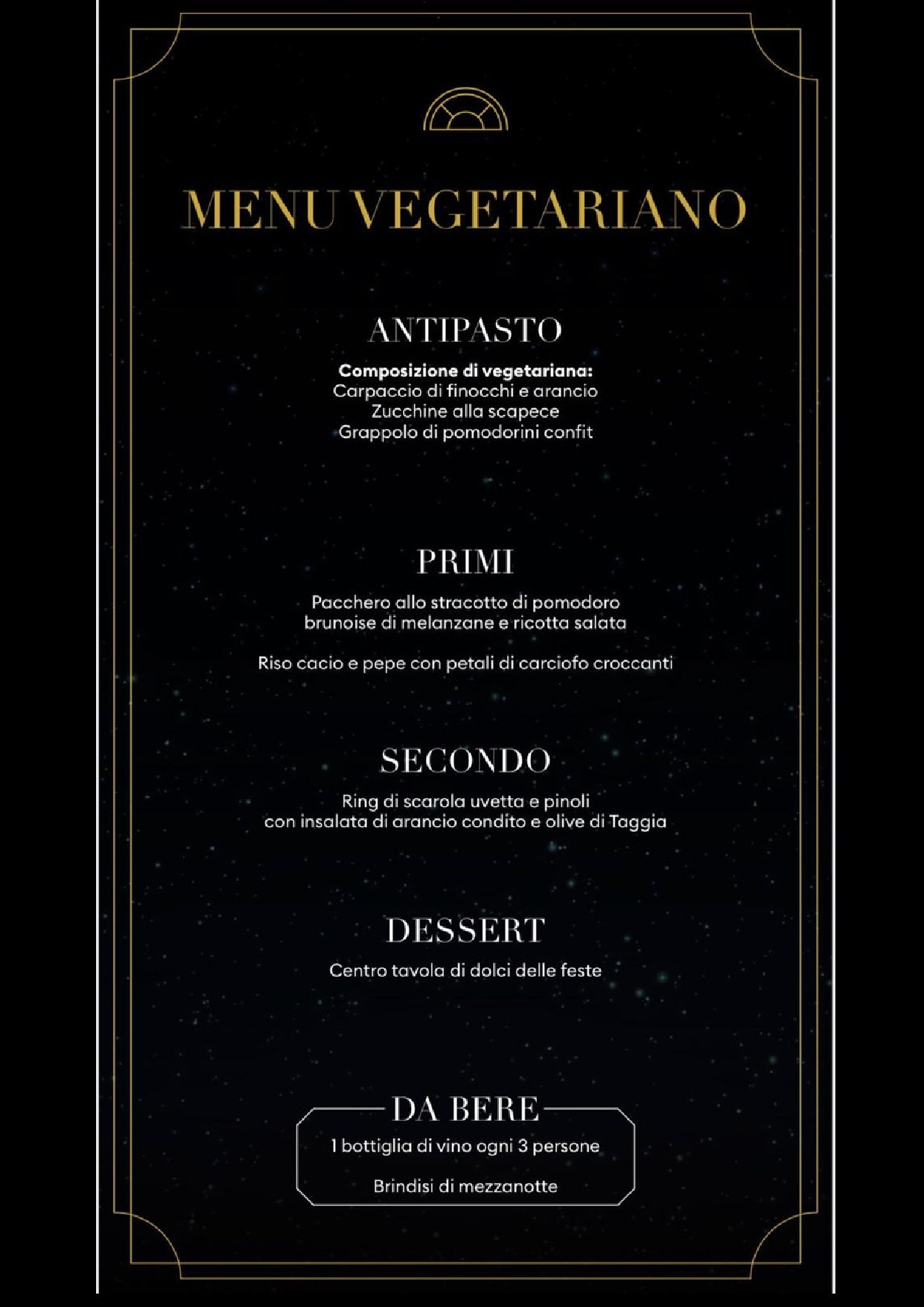 Menu vegetariano del Capodanno al Capodanno Villa Cassia 2027, Roma Nord: cena di gala e dj set, edizione precedente
